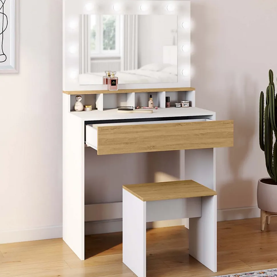 Coiffeuse ZELIA blanc et hêtre miroir LED avec 4 niches, 1 tiroir et tabouret