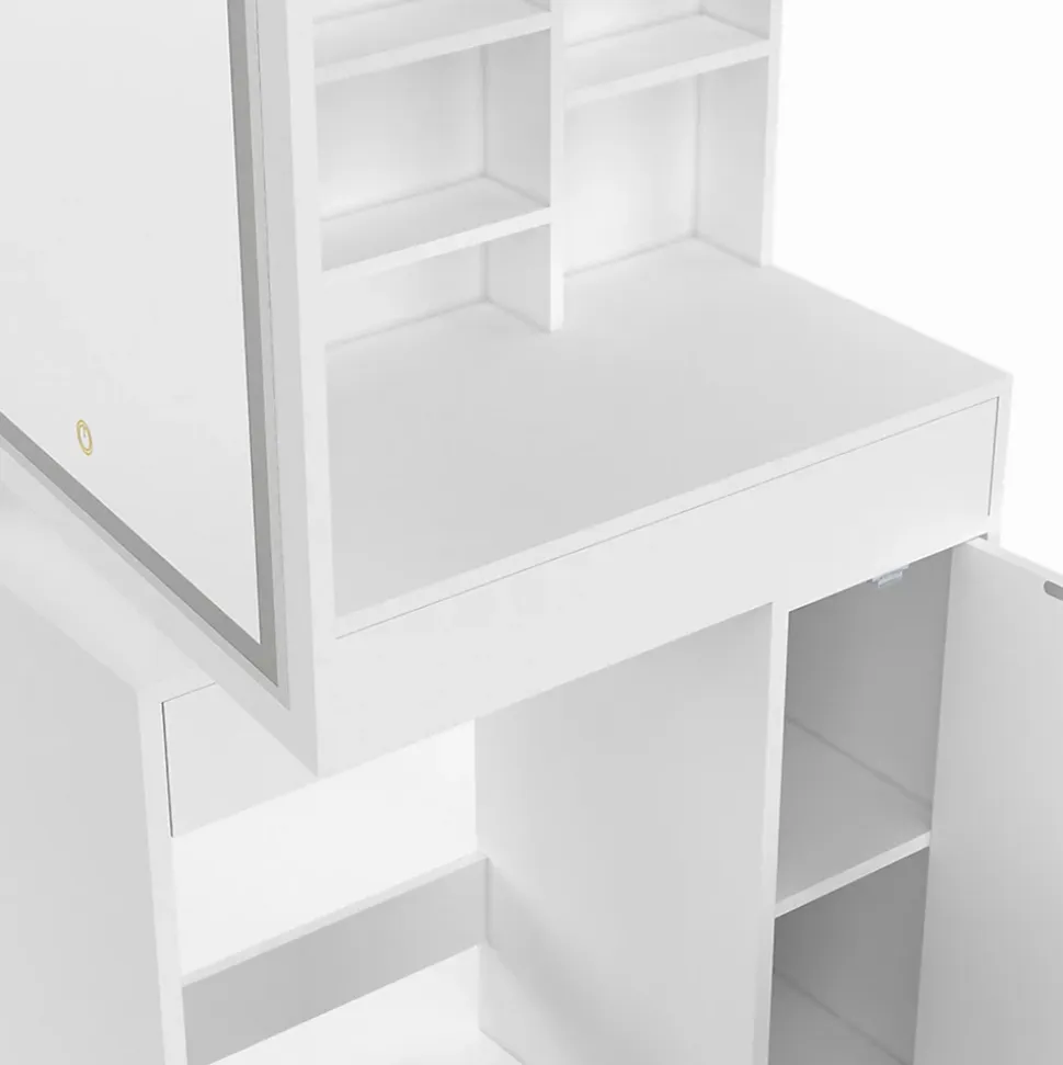 Coiffeuse ZELIA blanche miroir LED avec rangement, 1 tiroir, 1 caisson de rangement et tabouret rembourré