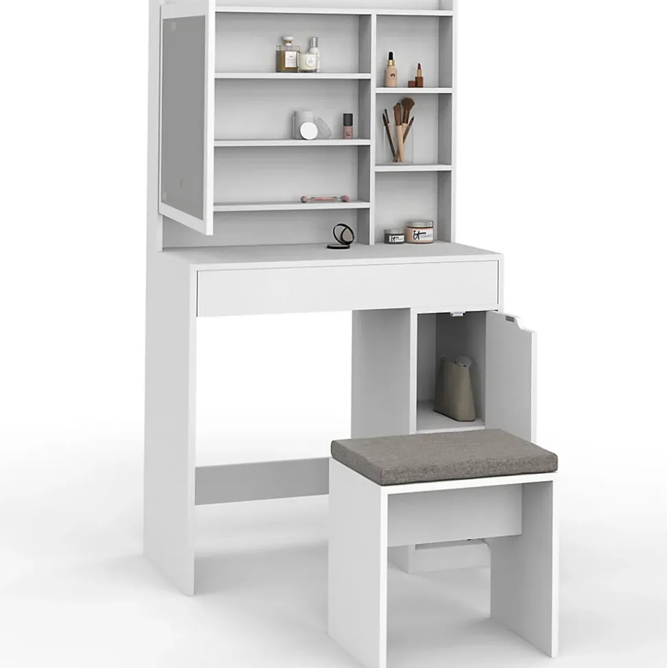 Coiffeuse ZELIA blanche miroir LED avec rangement, 1 tiroir, 1 caisson de rangement et tabouret rembourré