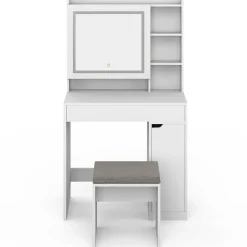 Coiffeuse ZELIA blanche miroir LED avec rangement, 1 tiroir, 1 caisson de rangement et tabouret rembourré