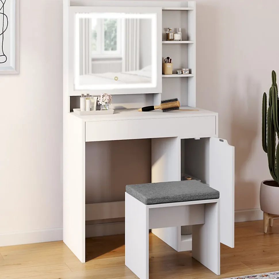 Coiffeuse ZELIA blanche miroir LED avec rangement, 1 tiroir, 1 caisson de rangement et tabouret rembourré