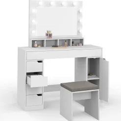 Coiffeuse ZELIA blanche miroir LED avec 4 niches, 5 tiroirs, 1 caisson de rangement et tabouret rembourré
