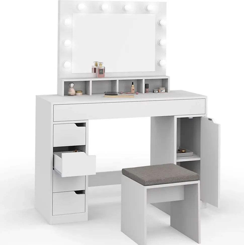 Coiffeuse ZELIA blanche miroir LED avec 4 niches, 5 tiroirs, 1 caisson de rangement et tabouret rembourré
