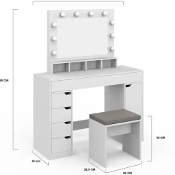 Coiffeuse ZELIA blanche miroir LED avec 4 niches, 5 tiroirs, 1 caisson de rangement et tabouret rembourré