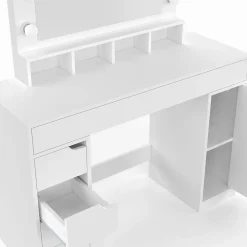Coiffeuse ZELIA blanche miroir LED avec 4 niches, 5 tiroirs, 1 caisson de rangement et tabouret rembourré