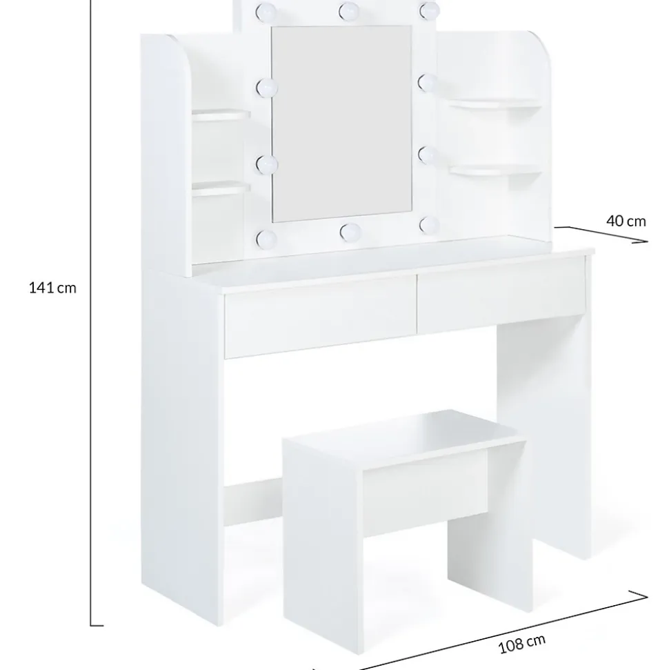 Coiffeuse ZELIA blanche table de maquillage 4 étagères, miroir LED et tabouret