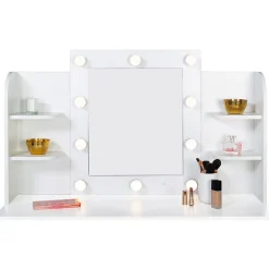 Coiffeuse ZELIA blanche table de maquillage 4 étagères, miroir LED et tabouret