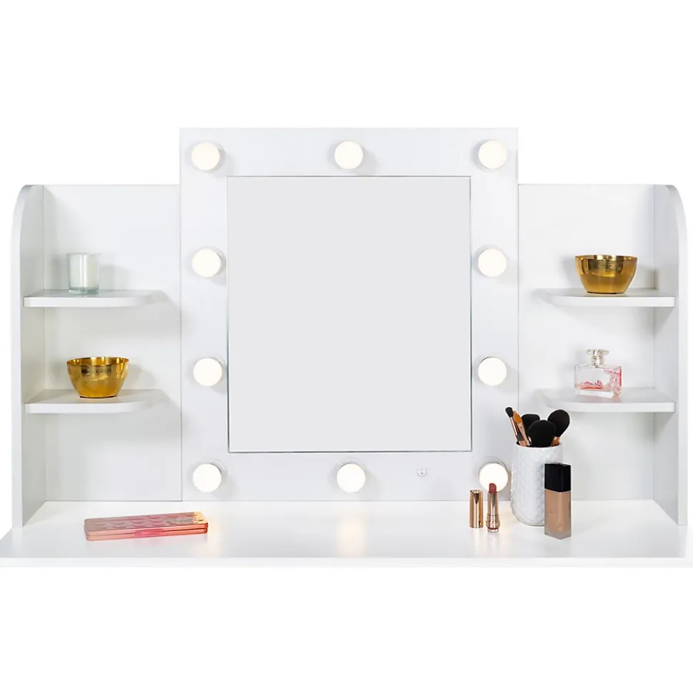 Coiffeuse ZELIA blanche table de maquillage 4 étagères, miroir LED et tabouret