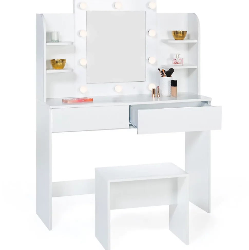 Coiffeuse ZELIA blanche table de maquillage 4 étagères, miroir LED et tabouret