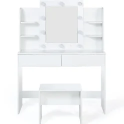 Coiffeuse ZELIA blanche table de maquillage 4 étagères, miroir LED et tabouret