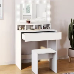 Coiffeuse ZELIA miroir LED avec 4 niches, 1 tiroir et tabouret