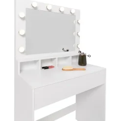 Coiffeuse ZELIA miroir LED avec 4 niches, 1 tiroir et tabouret