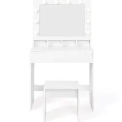 Coiffeuse ZELIA miroir LED avec 4 niches, 1 tiroir et tabouret