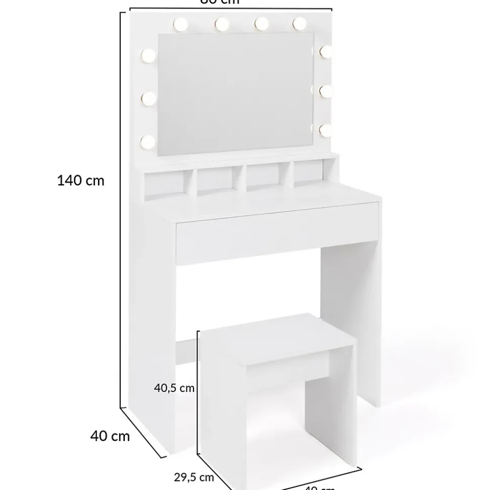 Coiffeuse ZELIA miroir LED avec 4 niches, 1 tiroir et tabouret