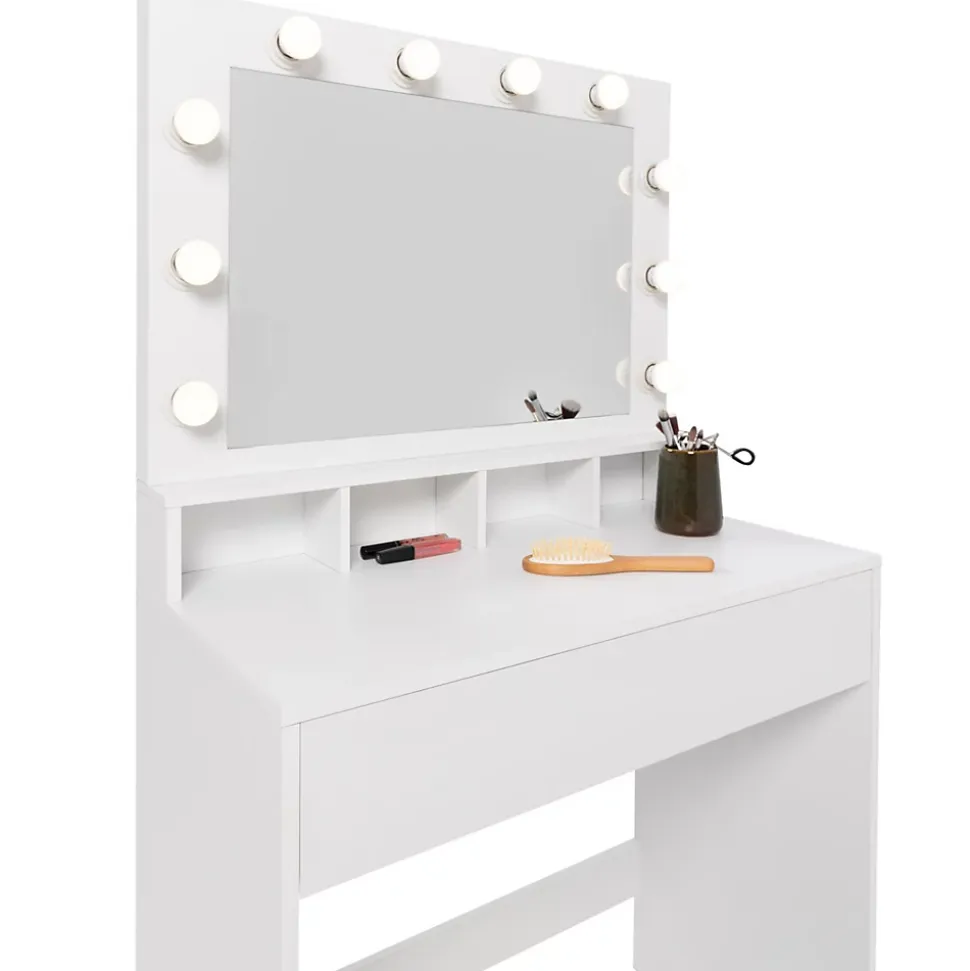 Coiffeuse ZELIA miroir LED avec 4 niches, 1 tiroir et tabouret
