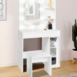 Coiffeuse ZELIA miroir LED avec 1 tiroir, étagères, caisson de rangement et tabouret