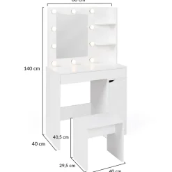 Coiffeuse ZELIA miroir LED avec 1 tiroir, étagères, caisson de rangement et tabouret