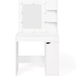 Coiffeuse ZELIA miroir LED avec 1 tiroir, étagères, caisson de rangement et tabouret