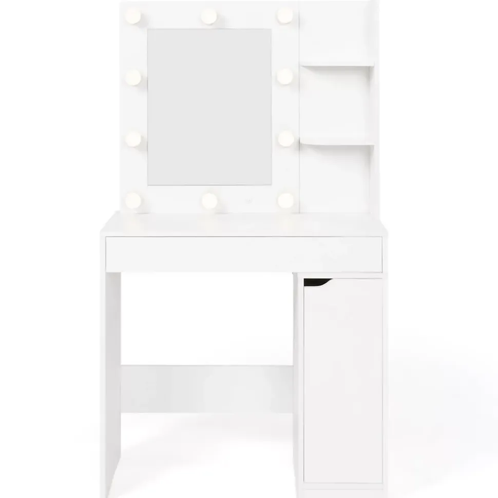 Coiffeuse ZELIA miroir LED avec 1 tiroir, étagères, caisson de rangement et tabouret