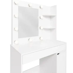 Coiffeuse ZELIA miroir LED avec 1 tiroir, étagères, caisson de rangement et tabouret
