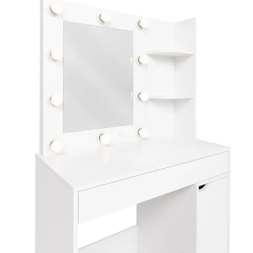 Coiffeuse ZELIA miroir LED avec 1 tiroir, étagères, caisson de rangement et tabouret