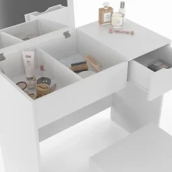 Coiffeuse ZELIA miroir rabattable avec 1 tiroir et 1 tabouret