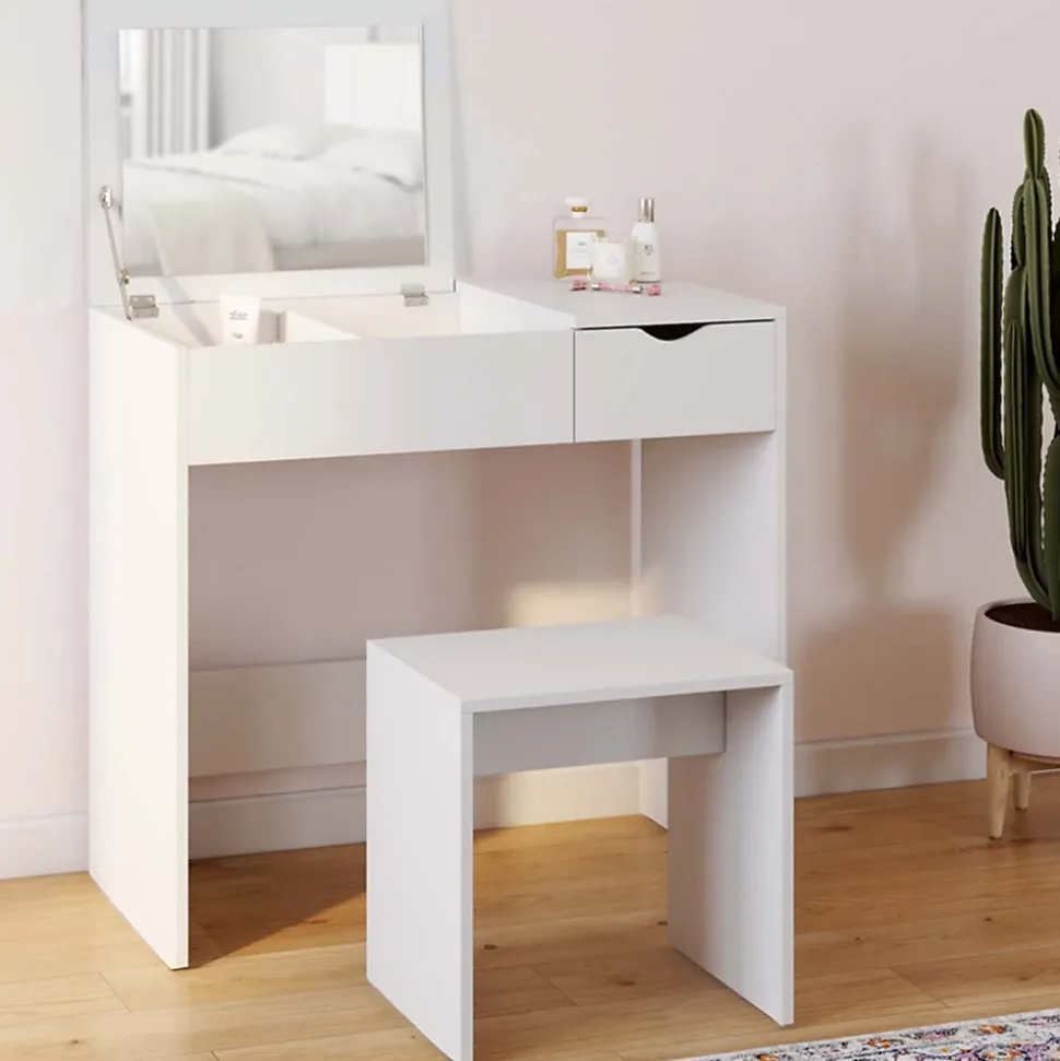 Coiffeuse ZELIA miroir rabattable avec 1 tiroir et 1 tabouret