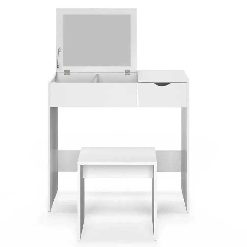 Coiffeuse ZELIA miroir rabattable avec 1 tiroir et 1 tabouret