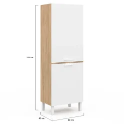 Colonne de cuisine 60 cm CINA 2 portes façon hêtre et blanc