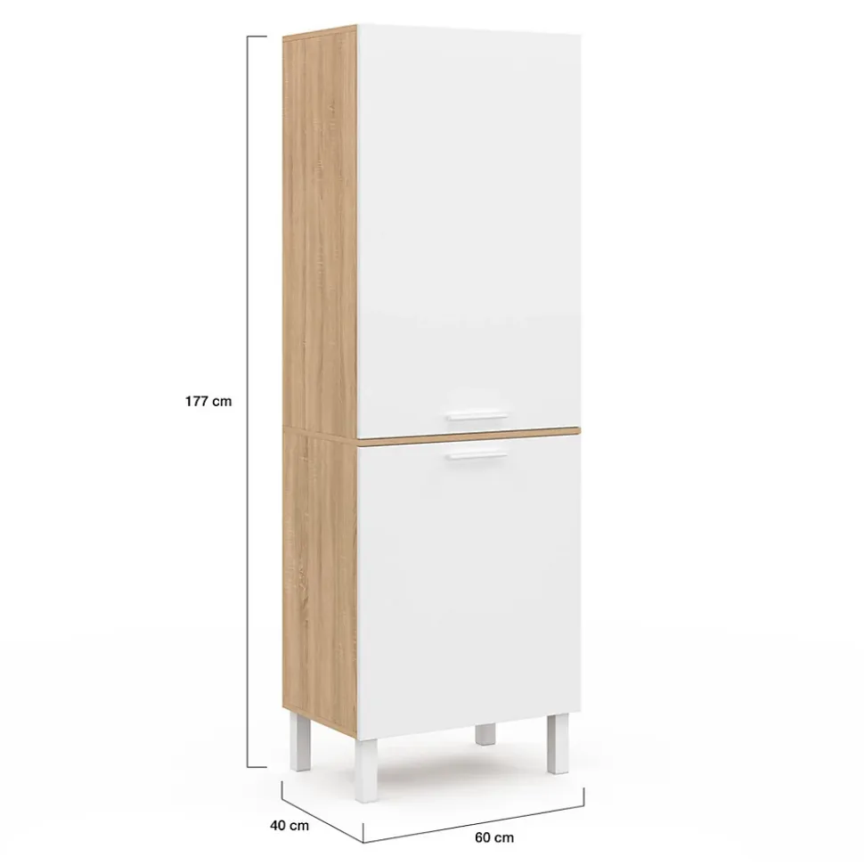 Colonne de cuisine 60 cm CINA 2 portes façon hêtre et blanc