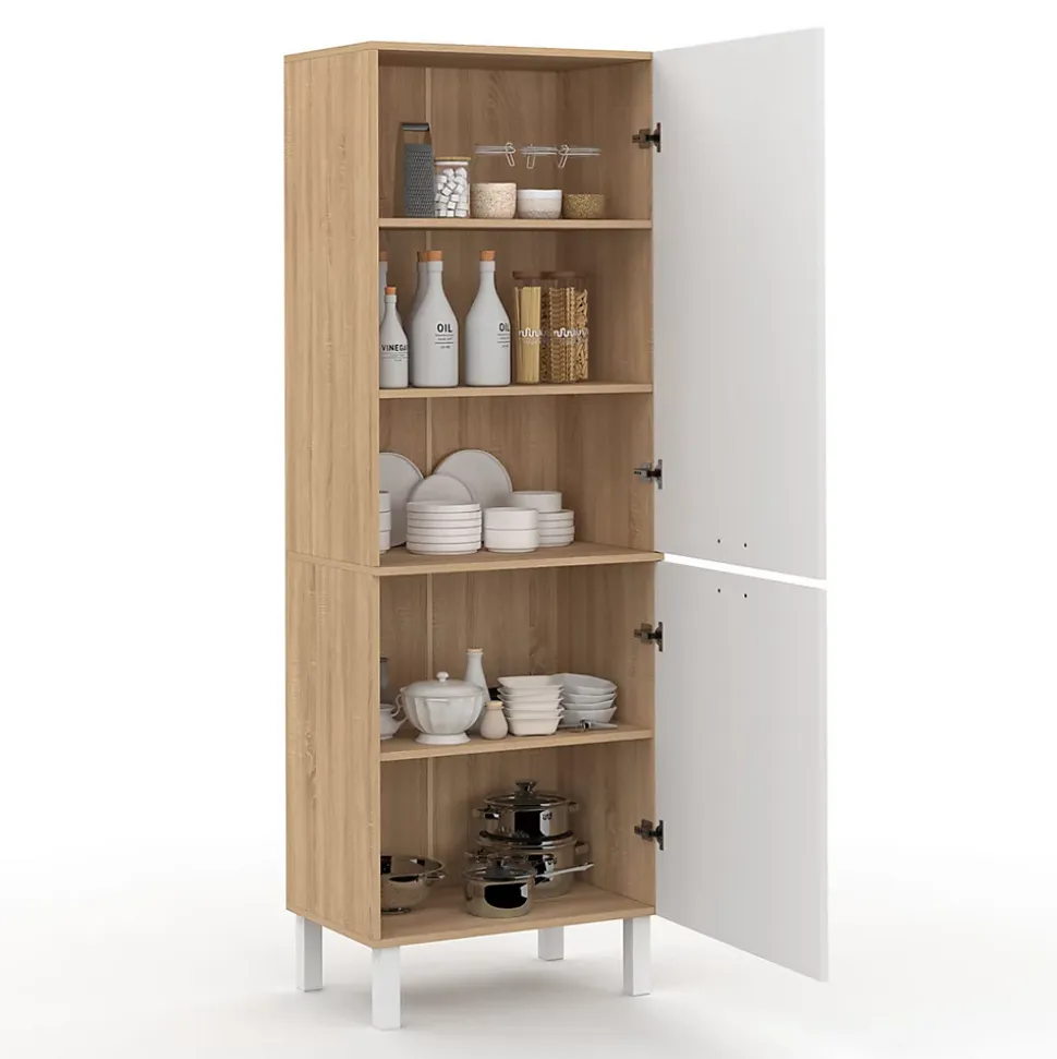 Colonne de cuisine 60 cm CINA 2 portes façon hêtre et blanc