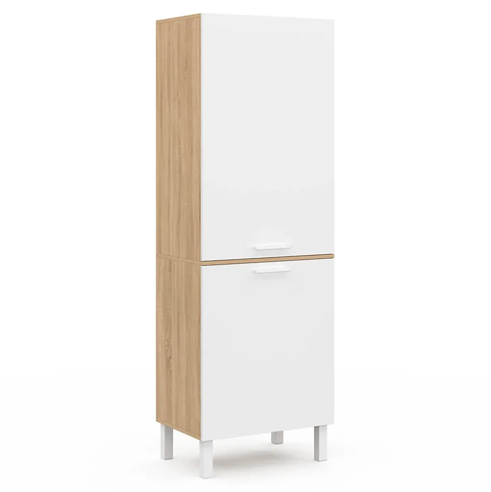 Colonne de cuisine 60 cm CINA 2 portes façon hêtre et blanc