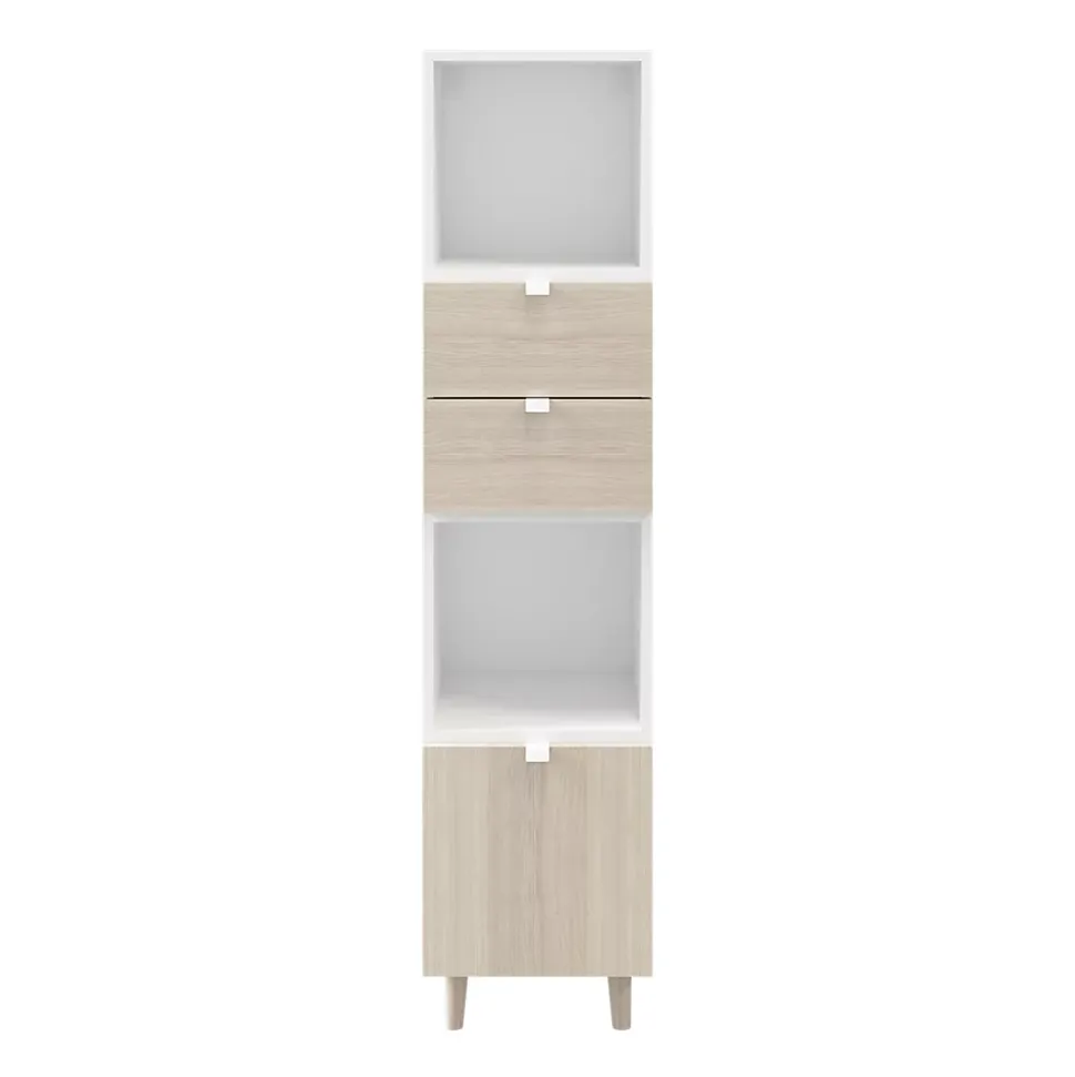 Colonne de rangement blanche sur pieds avec tiroirs et porte effet chêne GoodHome Atomia H. 161 x L. 37,5 x P. 35 cm