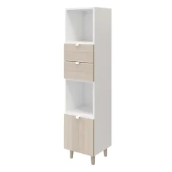 Colonne de rangement blanche sur pieds avec tiroirs et porte effet chêne GoodHome Atomia H. 161 x L. 37,5 x P. 35 cm