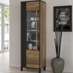 Colonne vitrine 1 porte décor bois et noir pieds noir - CELIA