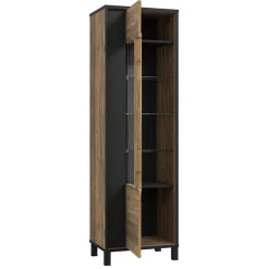 Colonne vitrine 1 porte décor bois et noir pieds noir - CELIA