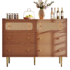Commode à 6 Tiroirs - Pour Salon et Chambre - Bois Massif et Panneau de Particules avec Pieds Métal - 120 x 40 x 90 cm - Brun