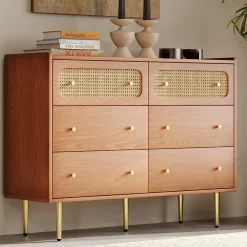 Commode à 6 Tiroirs - Pour Salon et Chambre - Bois Massif et Panneau de Particules avec Pieds Métal - 120 x 40 x 90 cm - Brun