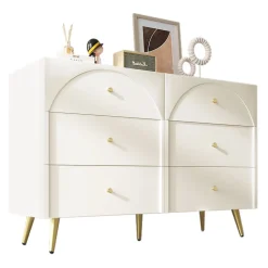Commode à 6 Tiroirs - Pour Salon et Chambre - Métal et Panneau de Particules - 120 x 40 x 85 cm - Blanc Crème