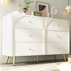 Commode à 6 Tiroirs - Pour Salon et Chambre - Métal et Panneau de Particules - 120 x 40 x 85 cm - Blanc Crème