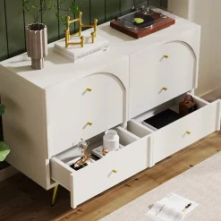 Commode à 6 Tiroirs - Pour Salon et Chambre - Métal et Panneau de Particules - 120 x 40 x 85 cm - Blanc Crème