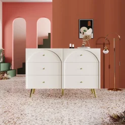 Commode à 6 Tiroirs - Pour Salon et Chambre - Métal et Panneau de Particules - 120 x 40 x 85 cm - Blanc Crème