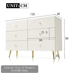 Commode à 6 Tiroirs - Pour Salon et Chambre - Métal et Panneau de Particules - 120 x 40 x 85 cm - Blanc Crème