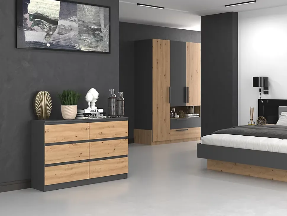 Commode : 6 Tiroirs, Anthracite/artisan, 30 X 75 X 120 Cm