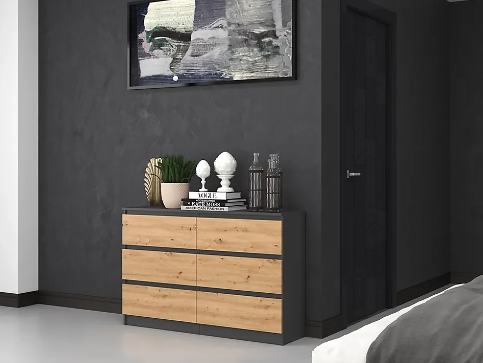 Commode : 6 Tiroirs, Anthracite/artisan, 30 X 75 X 120 Cm