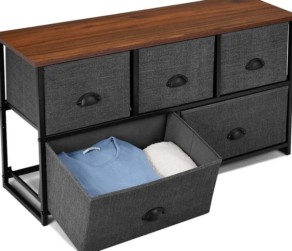Commode à 5 Tiroirs avec Cadre en Métal Robuste Meuble de Rangement Tiroirs en Tissu Amovibles