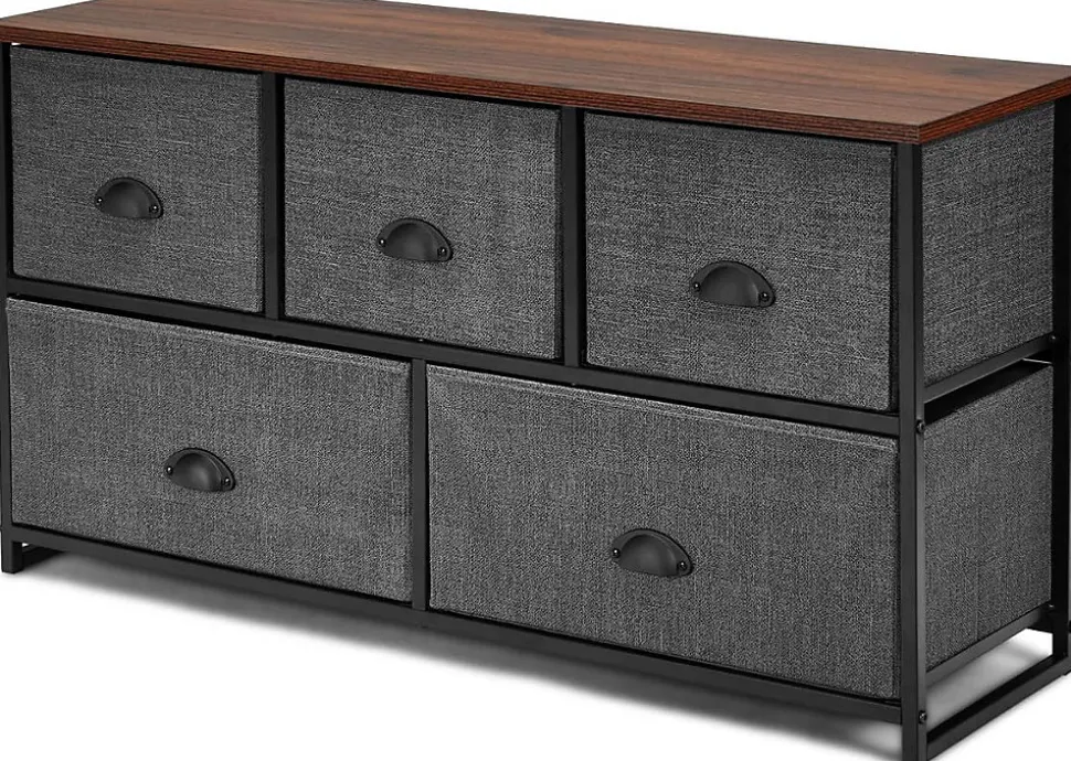 Commode à 5 Tiroirs avec Cadre en Métal Robuste Meuble de Rangement Tiroirs en Tissu Amovibles
