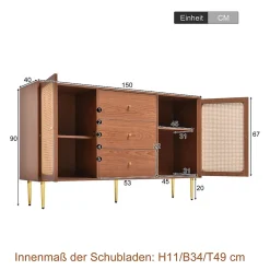 Commode à 3 Tiroirs et 2 Portes avec Étagère Réglable, Bois Massif et Pieds Métal, 150x40x90 cm - Brun
