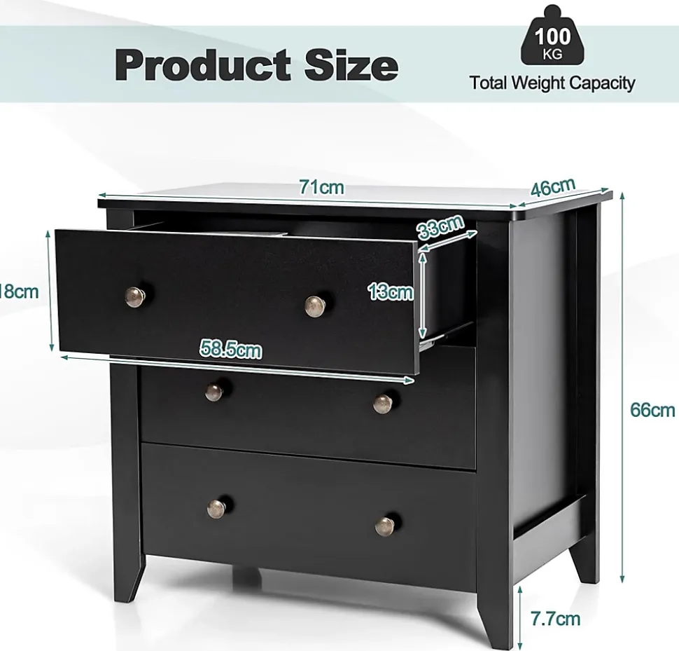 Commode à 3 Tiroirs, Meuble de Rangement 3 Tiroirs,avec Double Poignée,Charge 100 kg, pour Chambre, Salon, 71 x 46 x 66 cm (Noir)