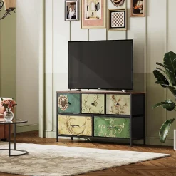 Commode 100 cm, avec 5 tiroirs de rangement, motif vintage - Multicouleur